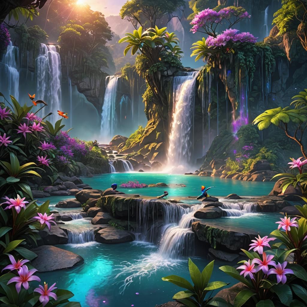 Thailand Waterfall with Holographic Lace: Fantasy Art