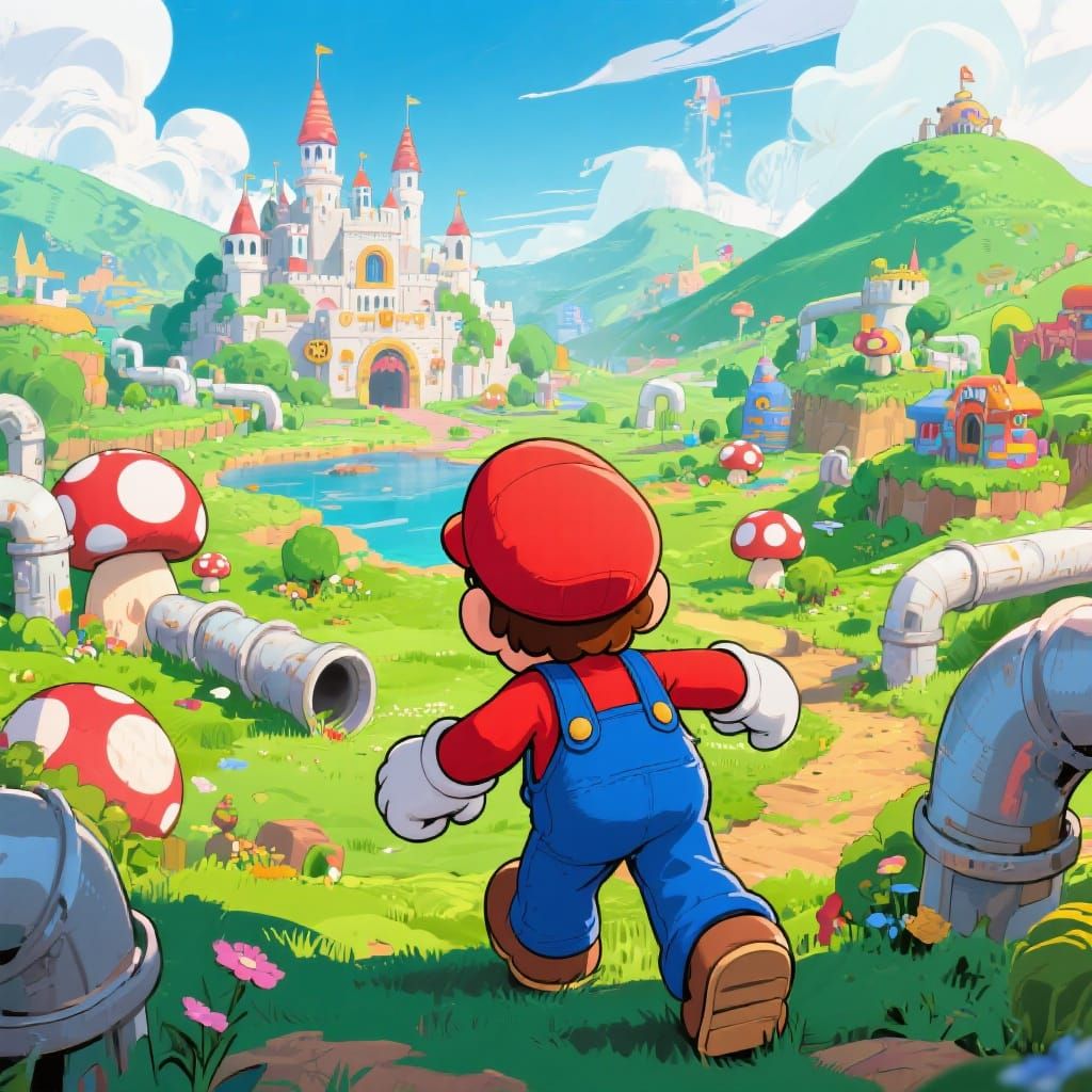 Mario Explores the Mushroom Kingdom in Graphic Novel Style