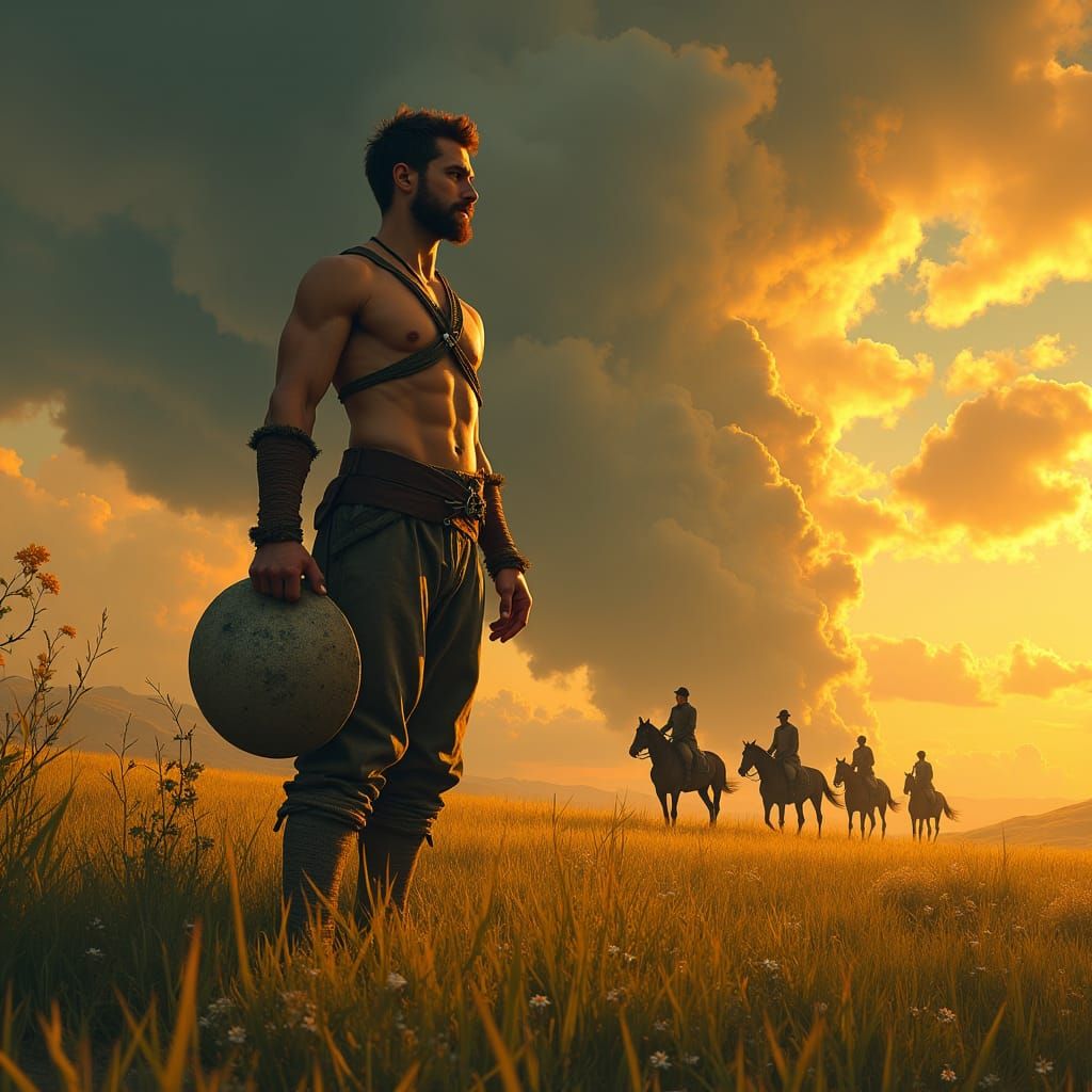 Muscular Peasant Boy with Millstone in Approaching Storm