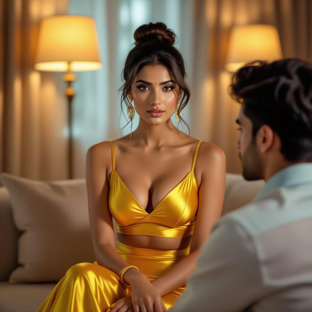 Stunning Indian Woman in Yellow Skirt on Sofa