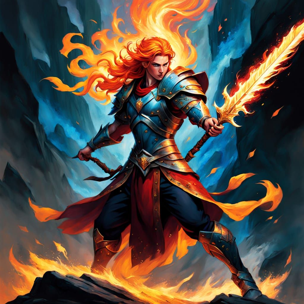 Warrior Wields Blazing Sword in Mystical Realm