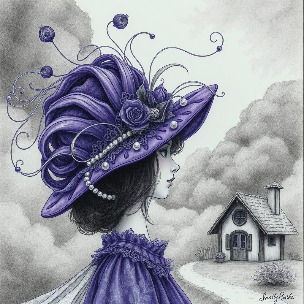 Woman in Lavish Purple Hat, Pencil Drawing
