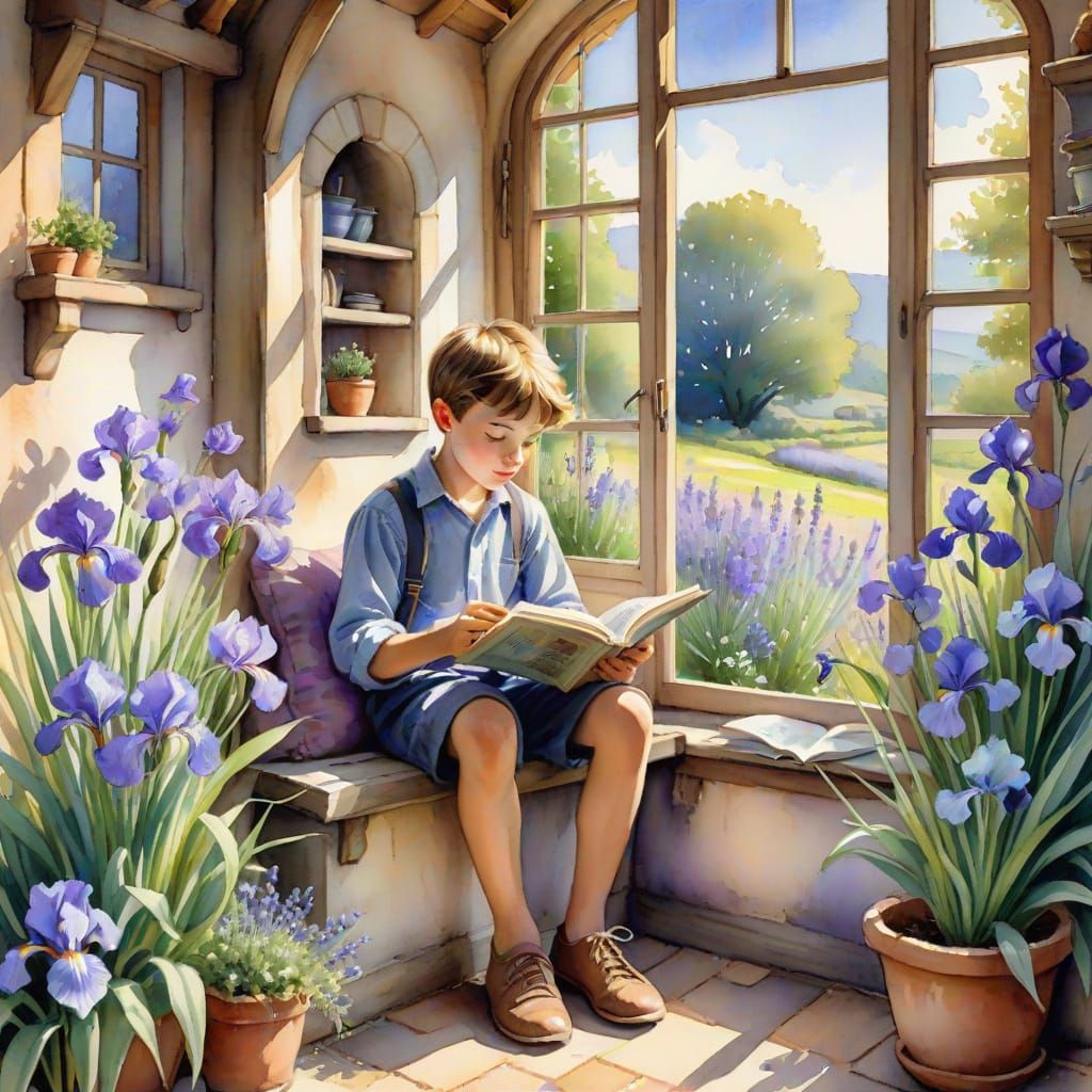Whimsical Watercolor Scene of a Boy Reading by a Window