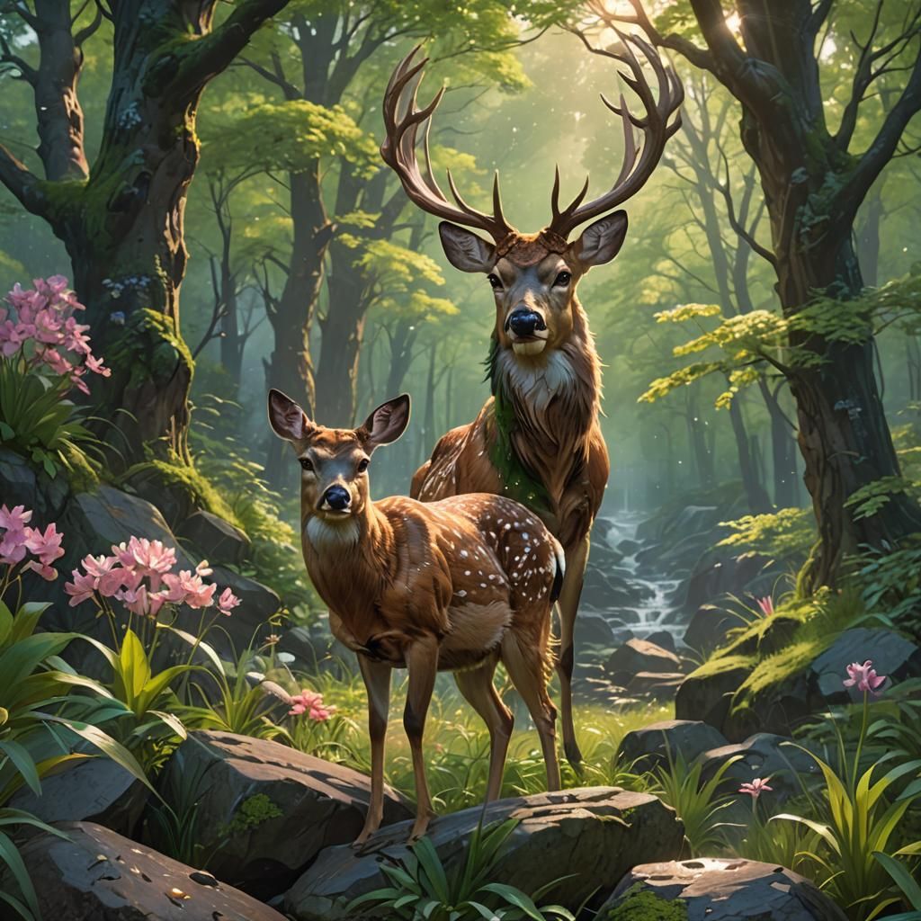Spring Forest Landscape with Deer, Hyperdetailed Art