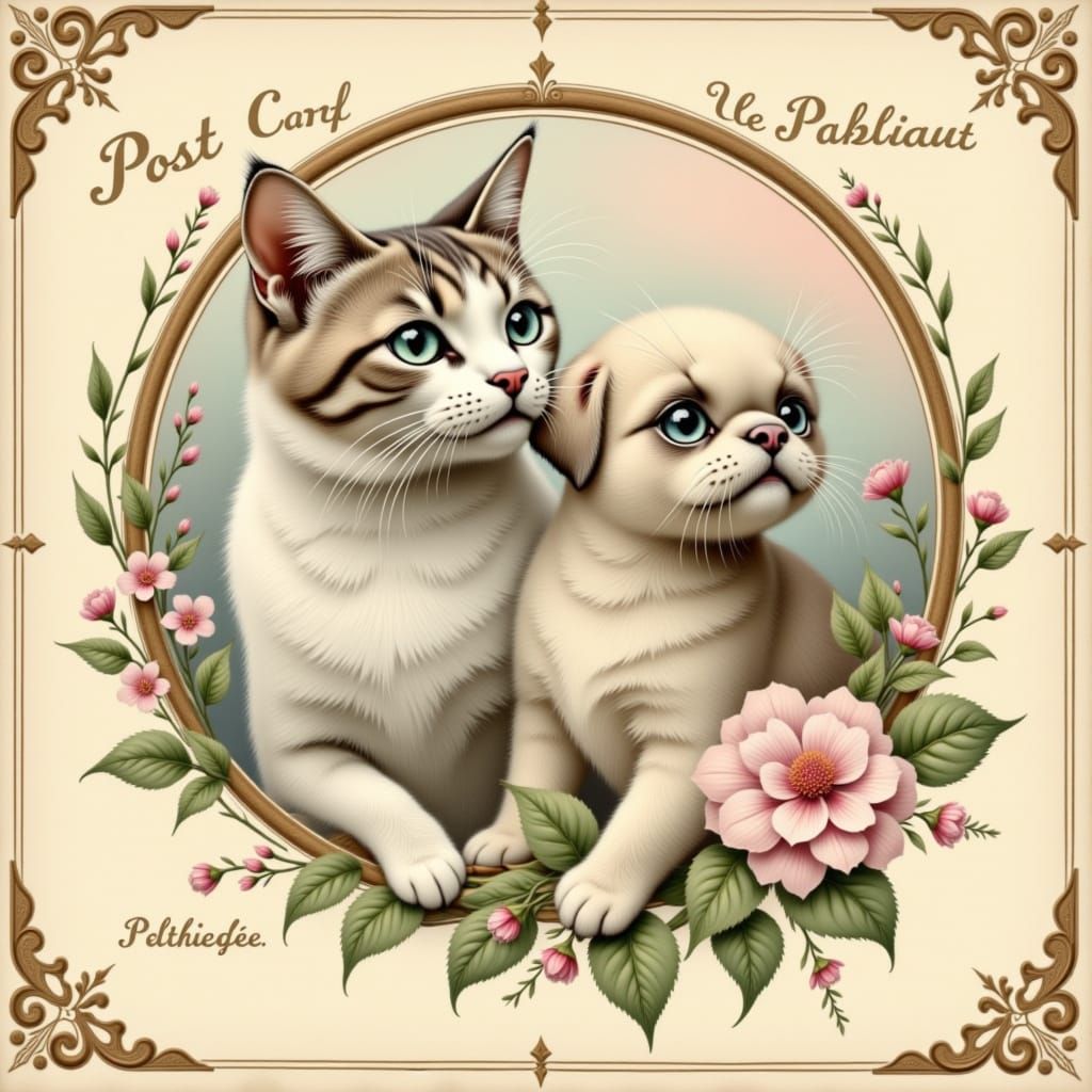 French Postcard Beauty: Charming Feline and Canine Duo