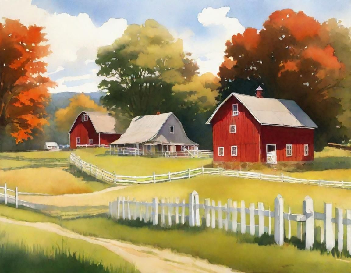 Idyllic New England Farm in Gouache Painting Style