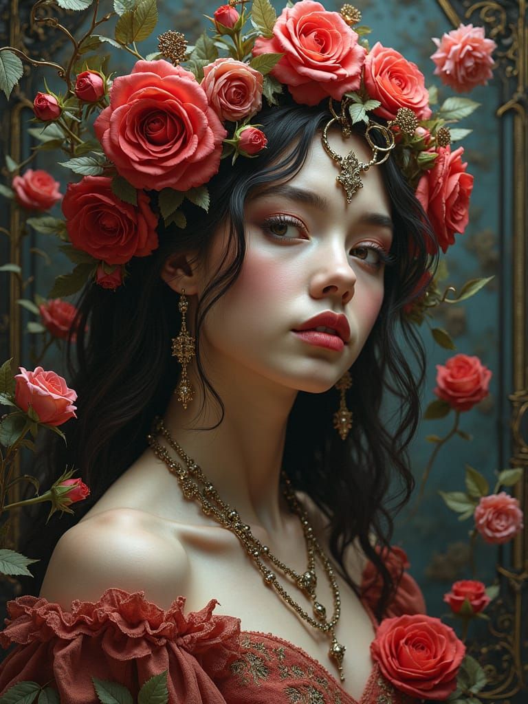 Woman Among Roses in Gothic Steampunk Sci-Fi