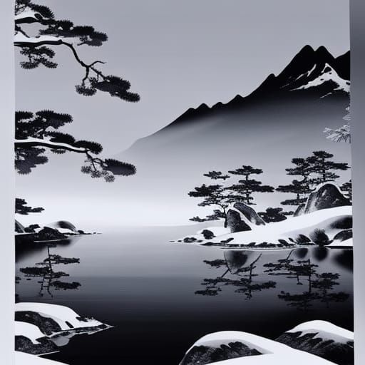Monochrome Winter Landscape in Sumi-e Style