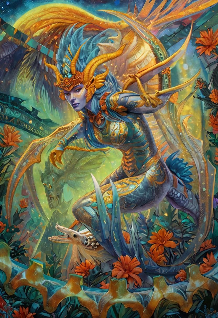 Mythical Hybrid Creature Portrait in Mixed Media Style