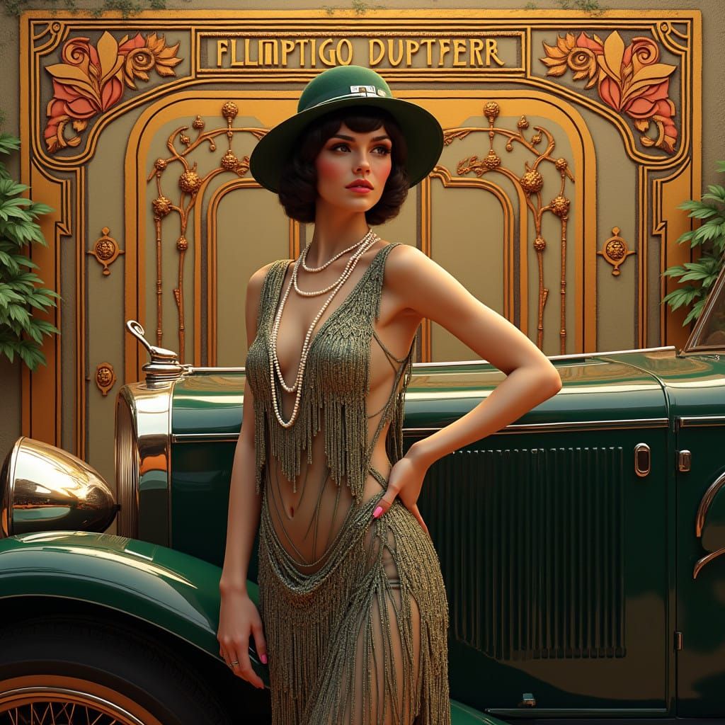 Elegant Flapper Woman in Art Deco Fantasy, Beside Vintage Au...