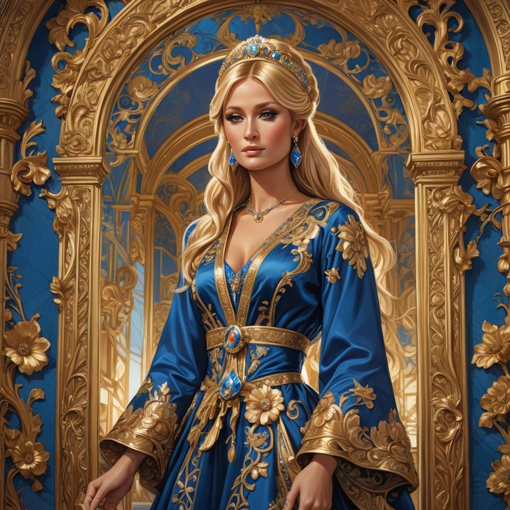 Paris Hilton in Royal Blue Robe, Art Nouveau Style