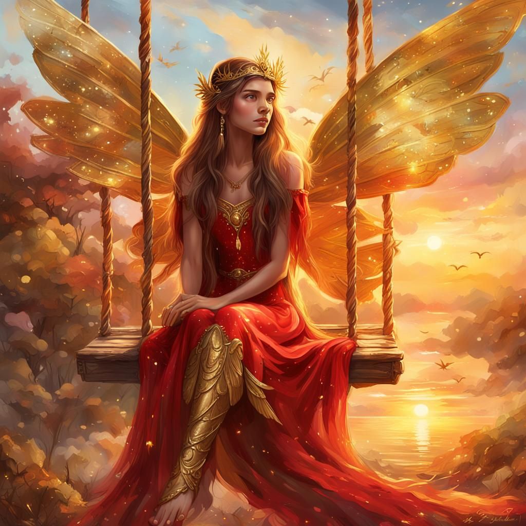 Fairy Princess on Swing at Sunset in Matte Painting Style