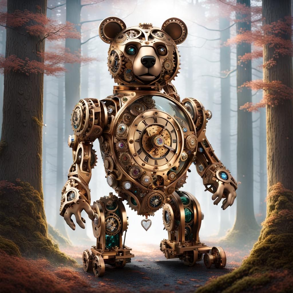 Crystalline Clockwork Bear in Timeless Forest