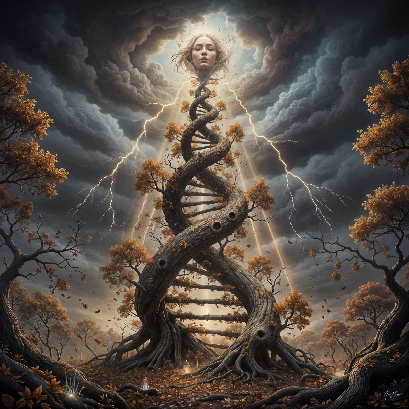 DNA Tree Double Helix in Stormy Sky