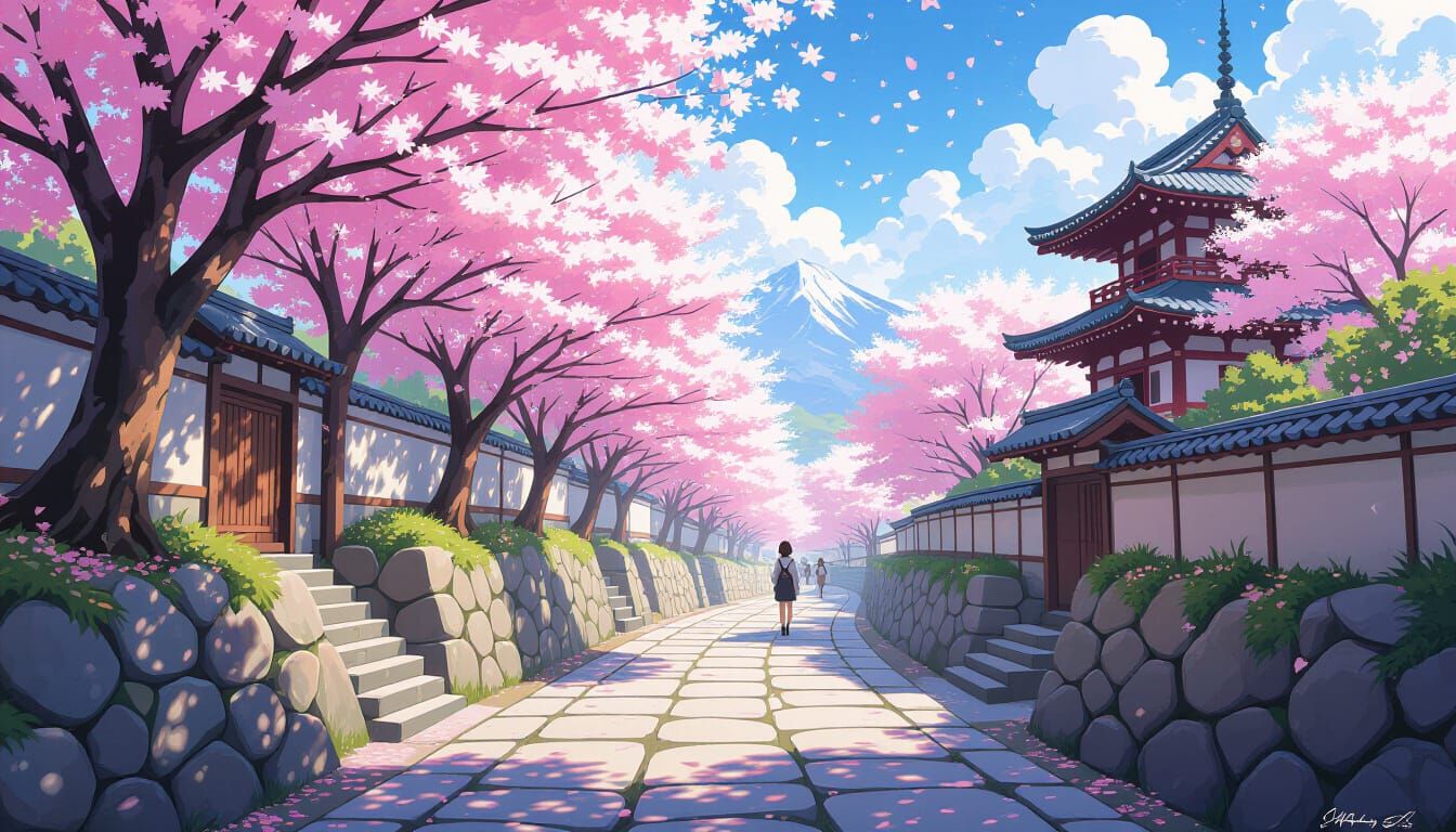Enchanting Japanese Pathway Through Cherry Blossoms