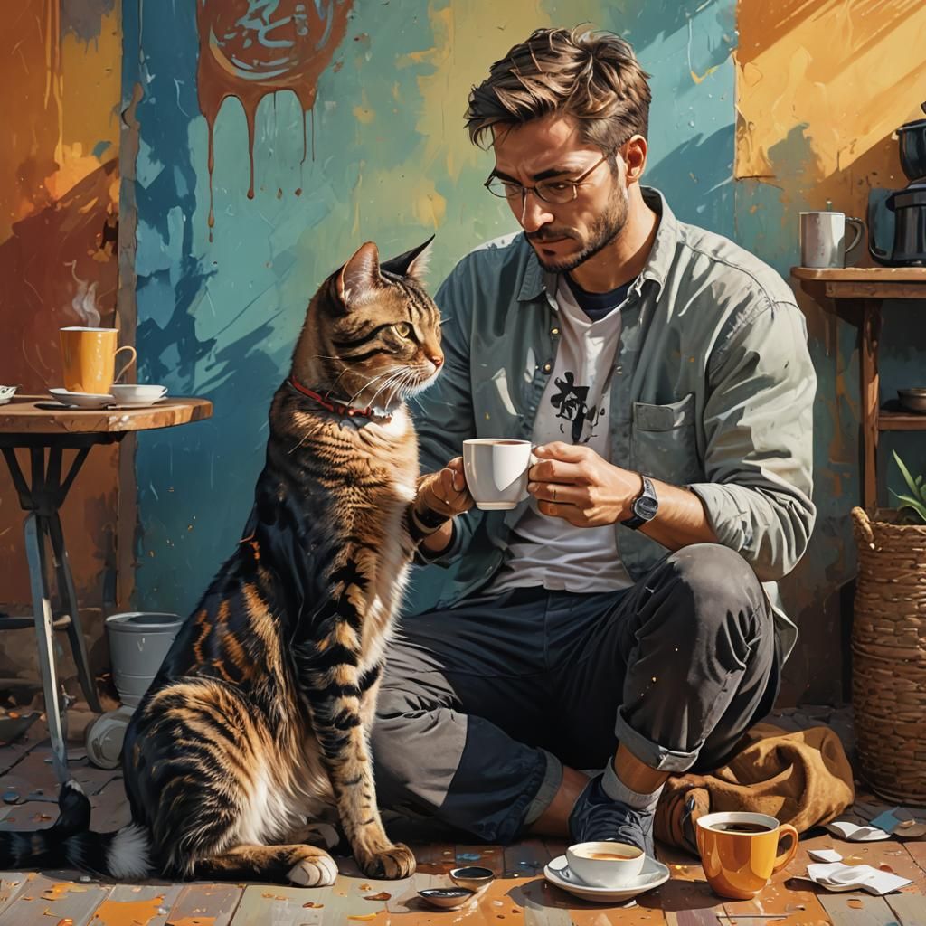 Man and Cat Share Coffee: Hyperrealistic Splash Art