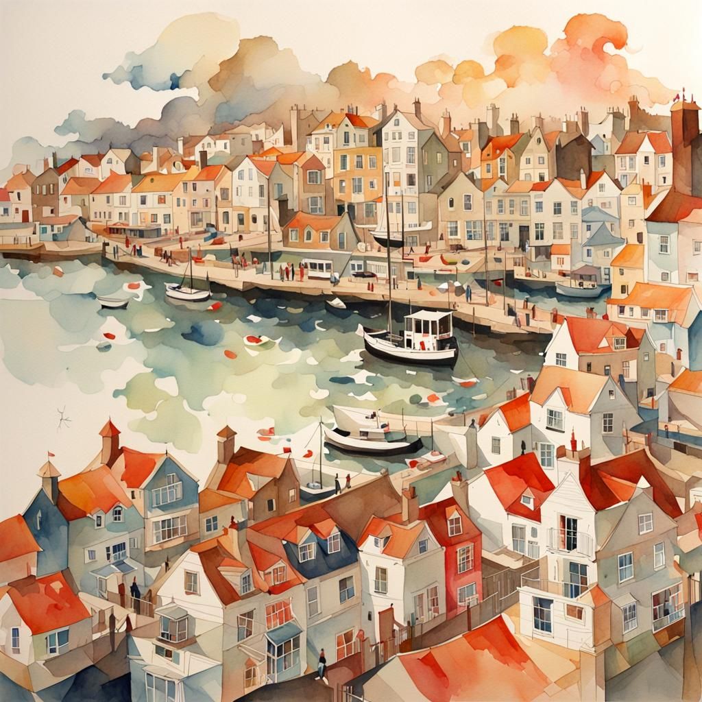 British Coastal City in Watercolour Style