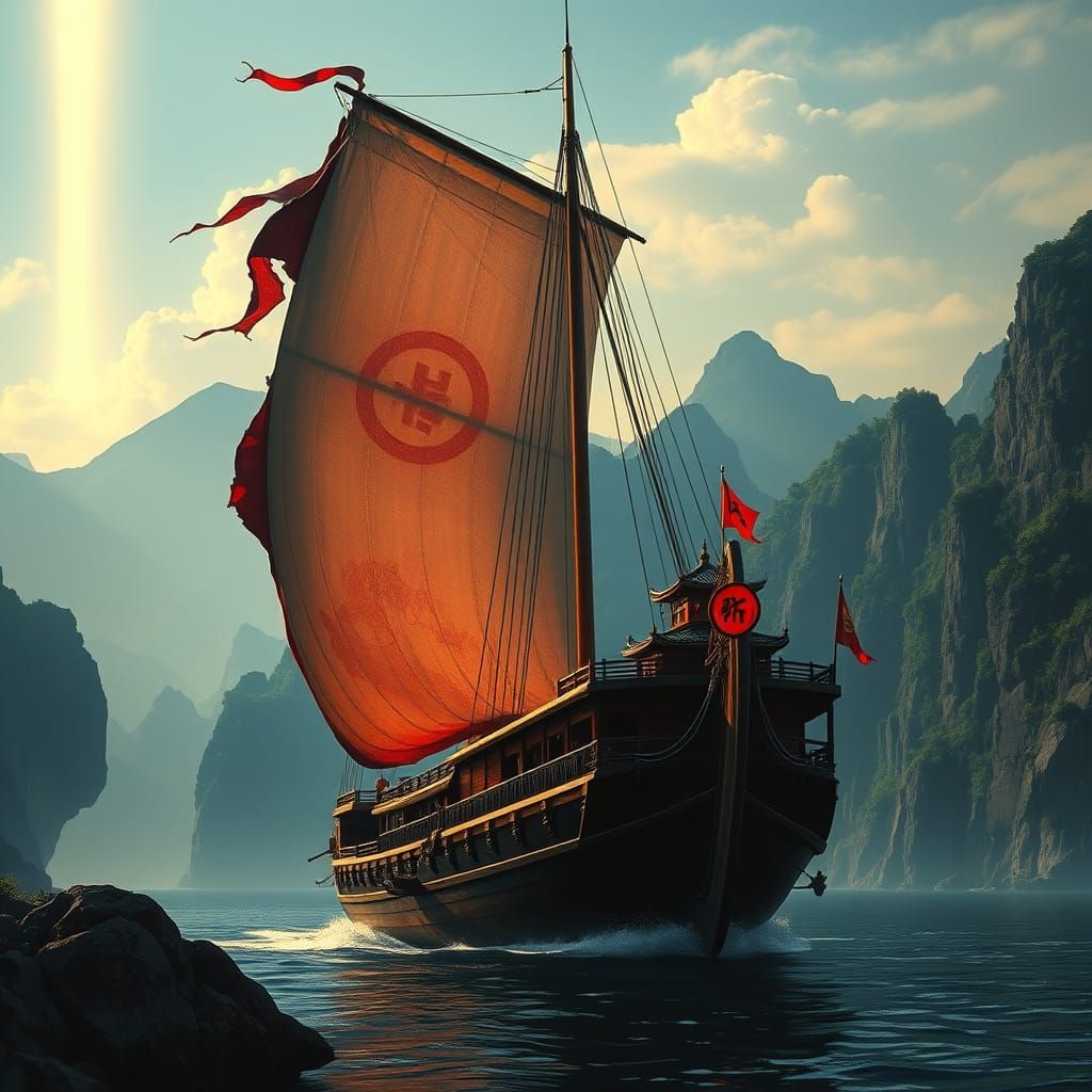 Elegant Oriental Junk Ship Under Cinematic Light