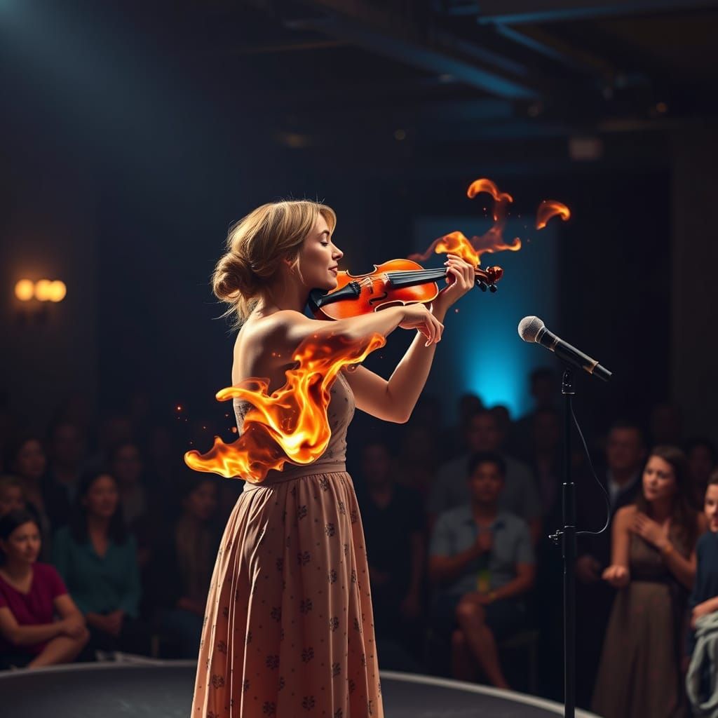 Woman Singing Violin Melting on Stage