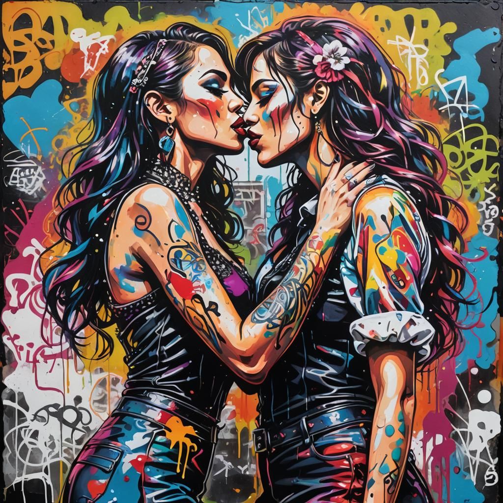 Colorful Kissing Burlesque Dancers in Graffiti Street Art