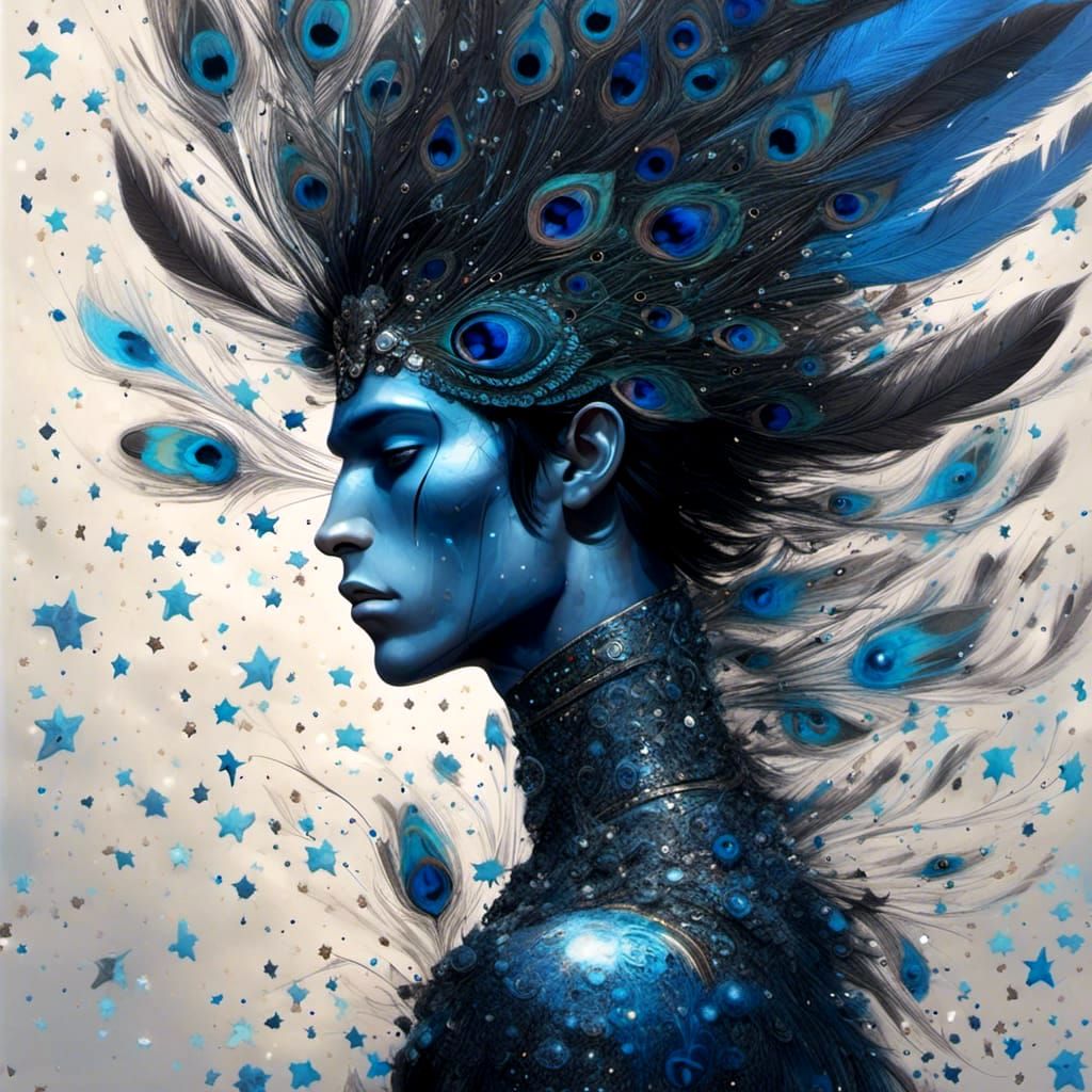 Cosmic Blue God with Peacock Feathers