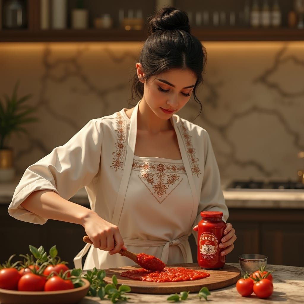 Middle Eastern Chef Prepares Tomato Sauce, Hyperrealistic Di...