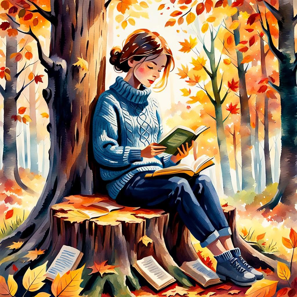 Woman Reading in Autumn Forest: Watercolor Oil Painting