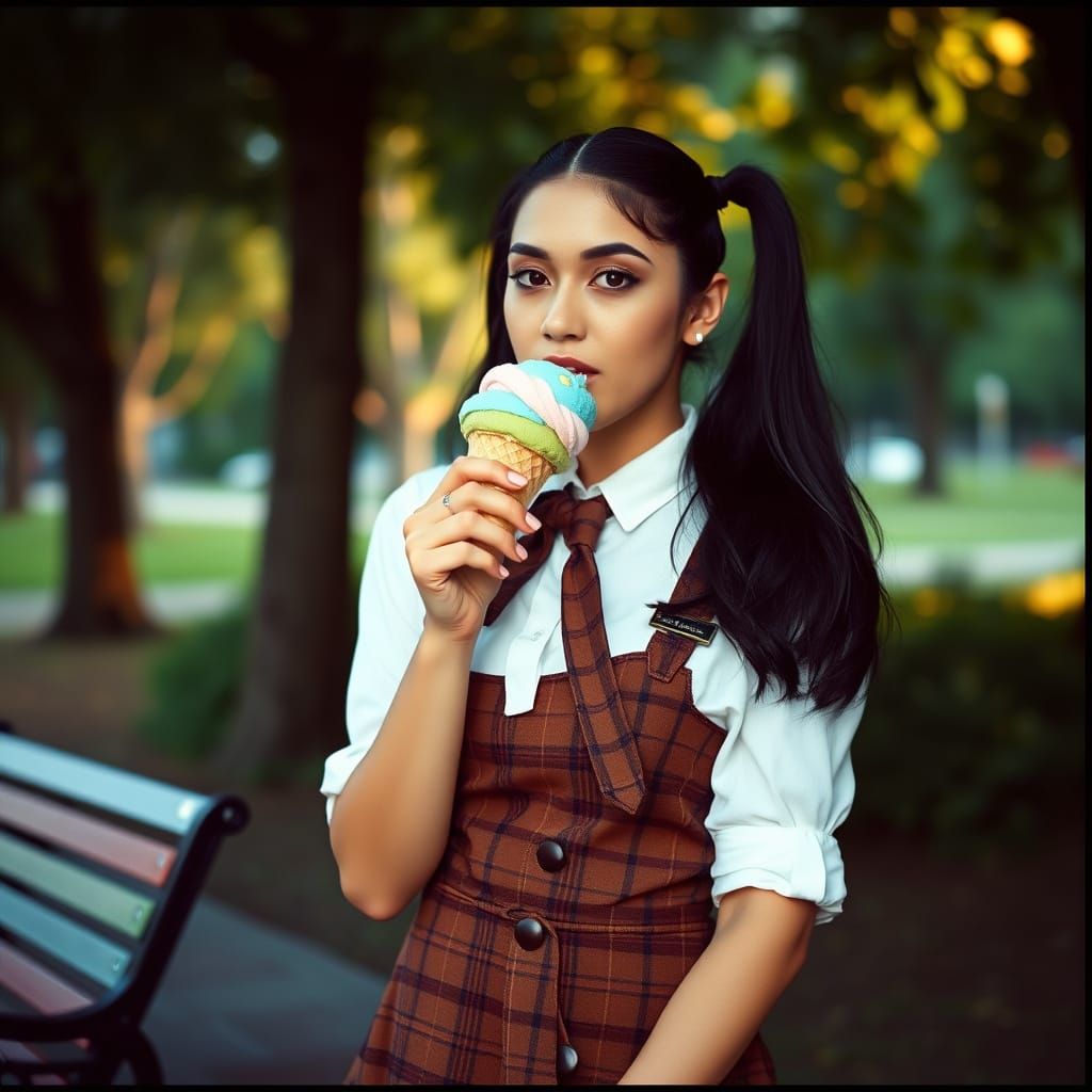 Sultry Latina Woman Savoring Summer Treat in a Lush Park