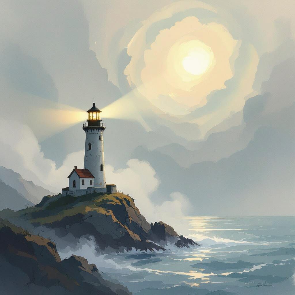 Ethereal Lighthouse in Dreamlike Mist and Soft Colors