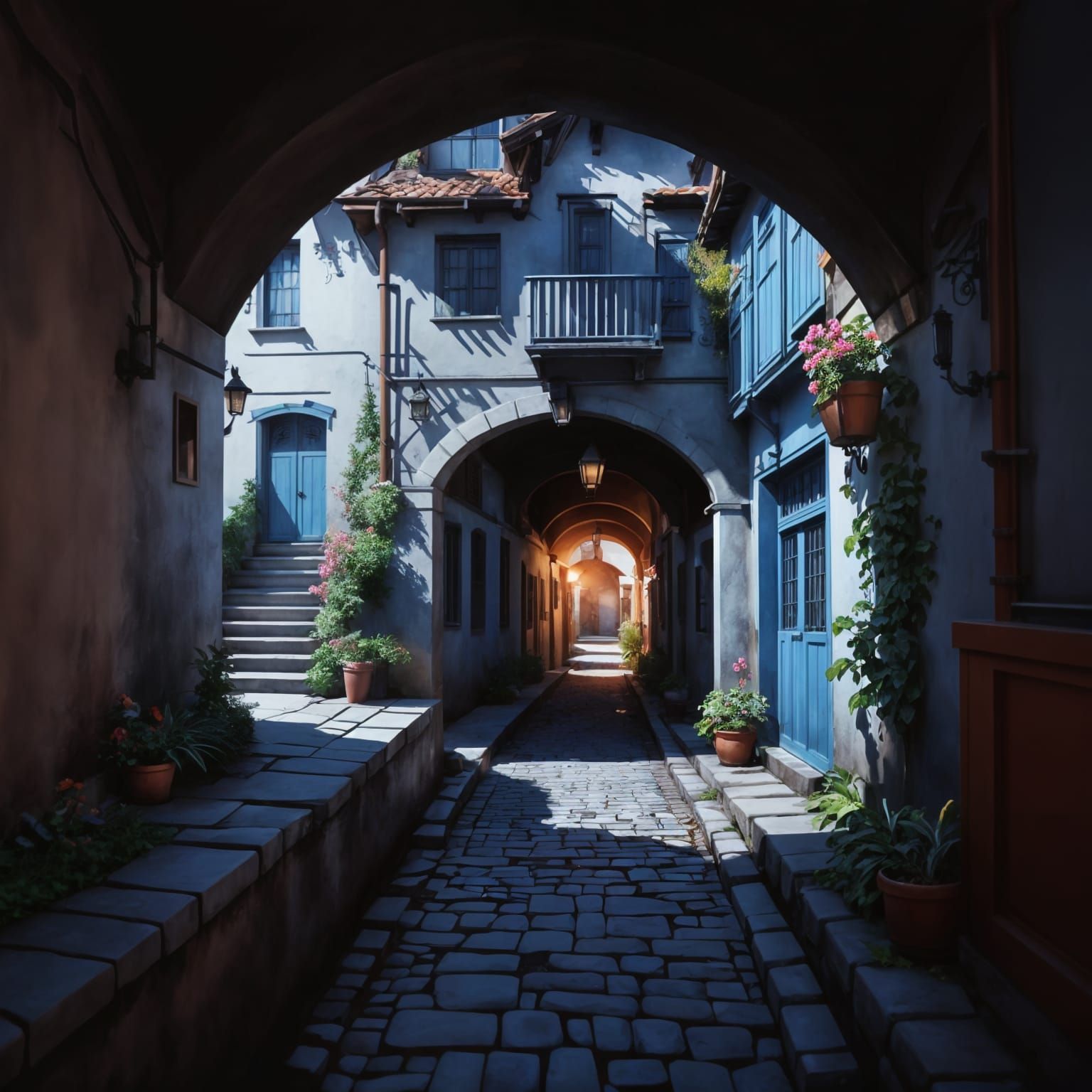 Picturesque Flowery Town Alleys with Brown Bridge