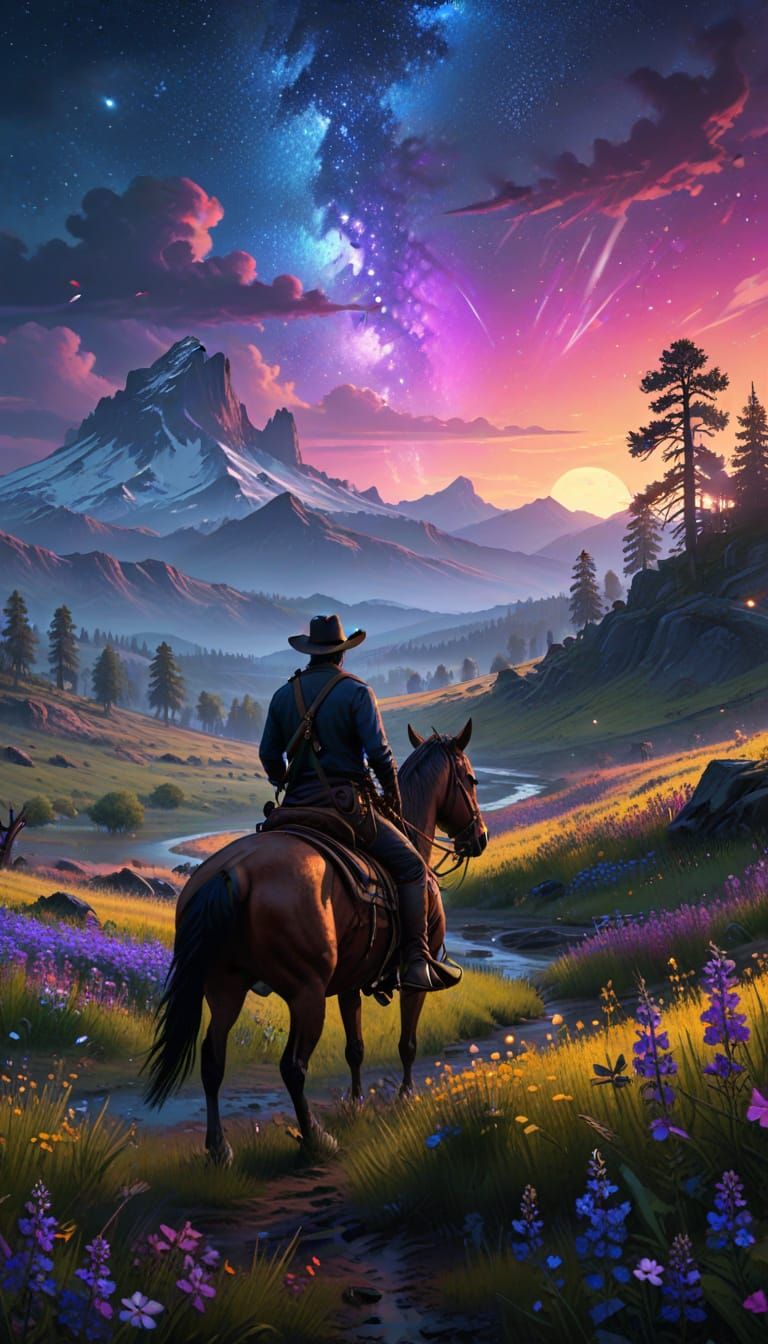 Cowboy Rides Through Vivid Sunset Landscape in Romanticism S...