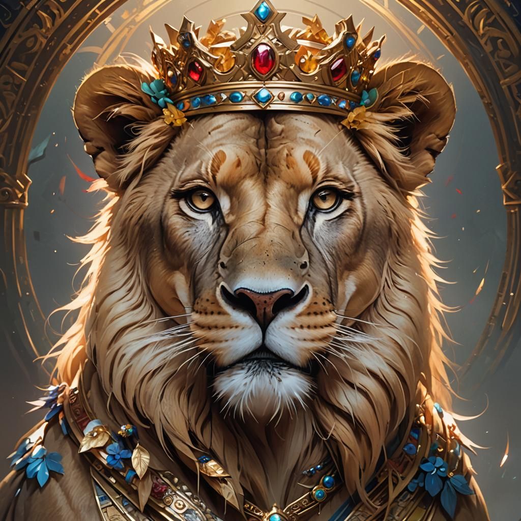 Crowned Lioness Portrait in Hyperdetailed Style