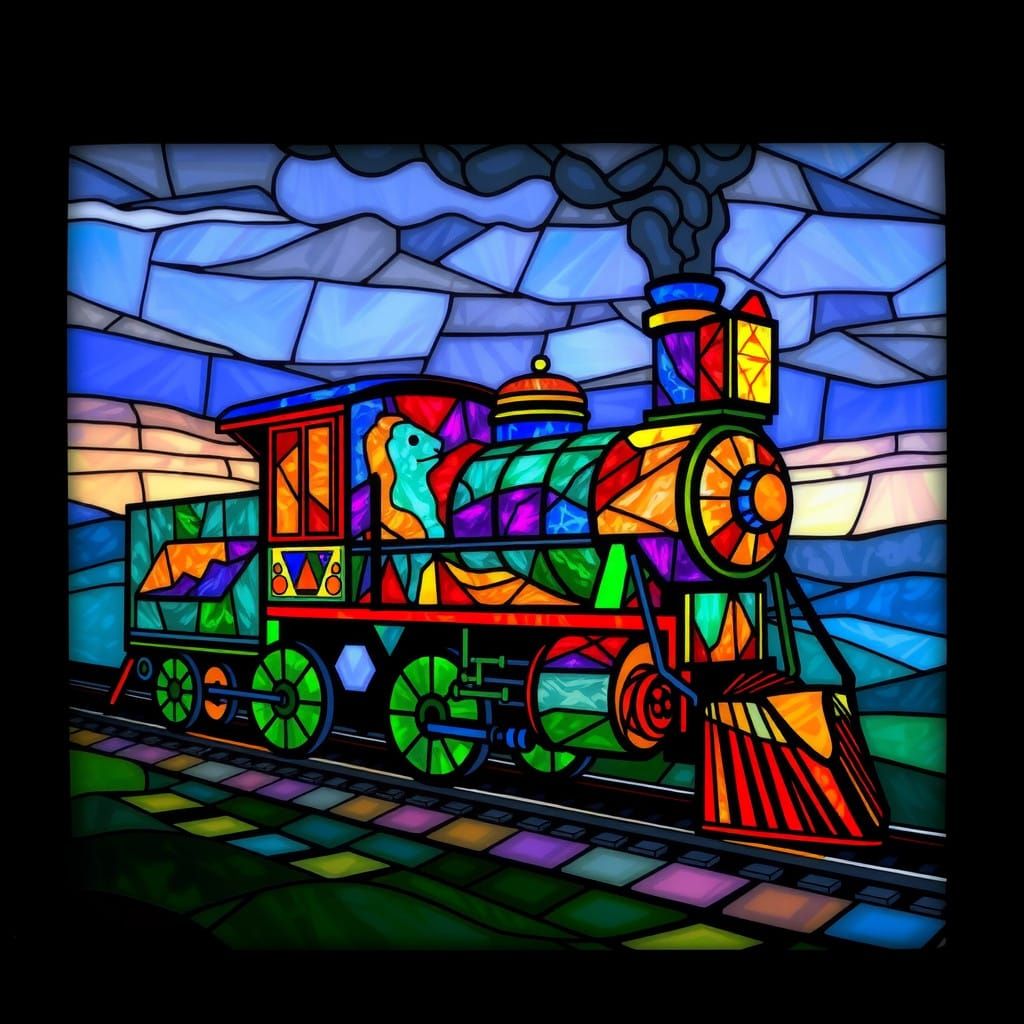 Colorful Stained Glass Locomotive in Whimsical Landscape