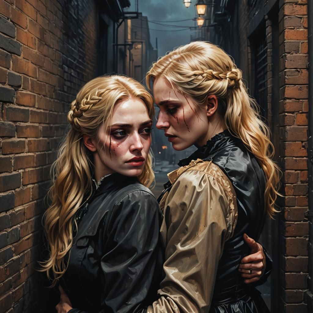Victorian Women in Alleyway, Hyperrealistic Art