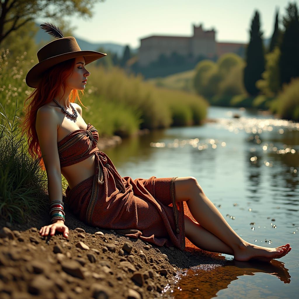 La Signora of Etruscan descent riverbank wearing men's hat