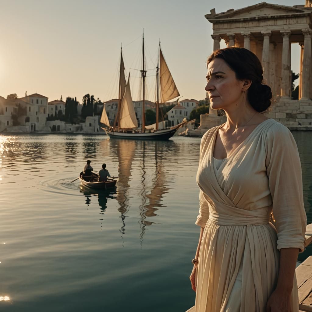 Golden Hour Sailboat on Lake with Architecture