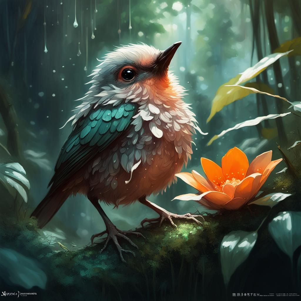 Mystical Flower Bird in Jungle, Detailed Art