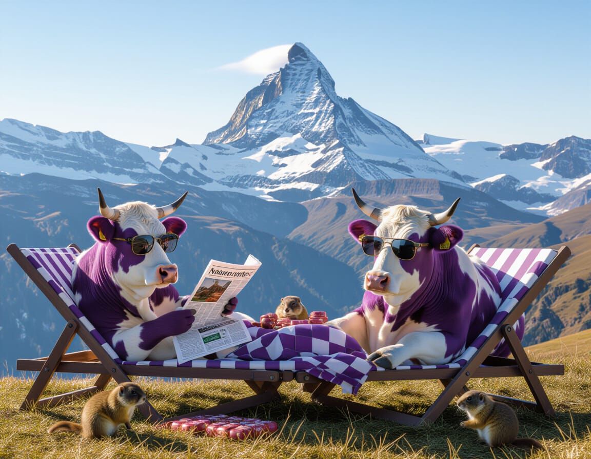 Purple Cows Relaxing in the Alps at Dawn