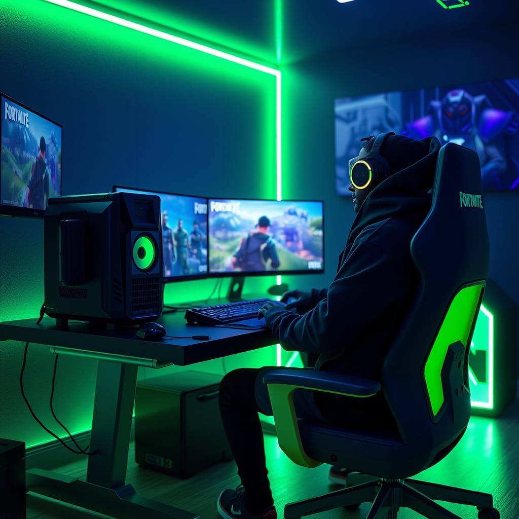 Cyberpunk Gamer Surrounded by Neon Lights