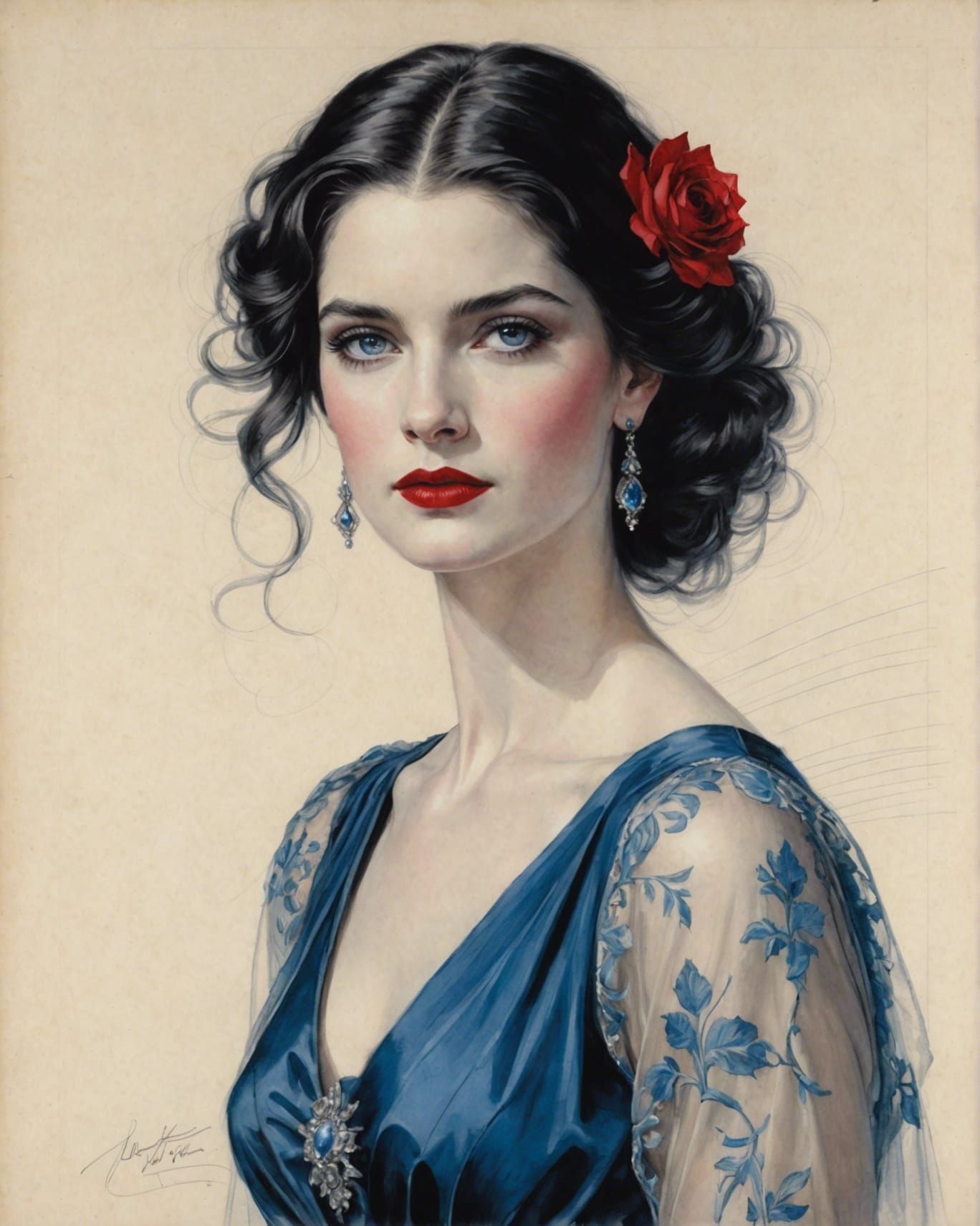 Art Nouveau Portrait of Woman with Red Lipstick
