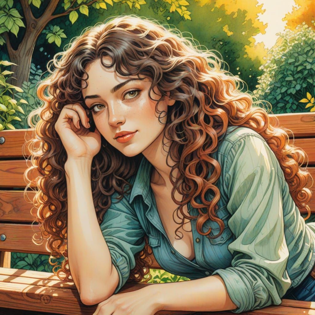 Nerdy Woman in Garden, Manara-Style Pencil Art