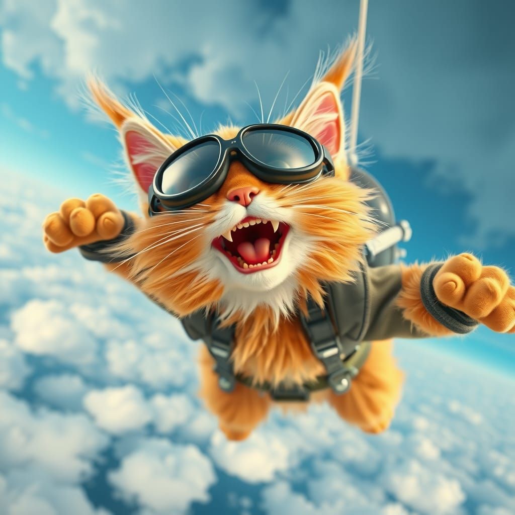 Fluffy Claymation Cat Skydiving Selfie in CGI Style