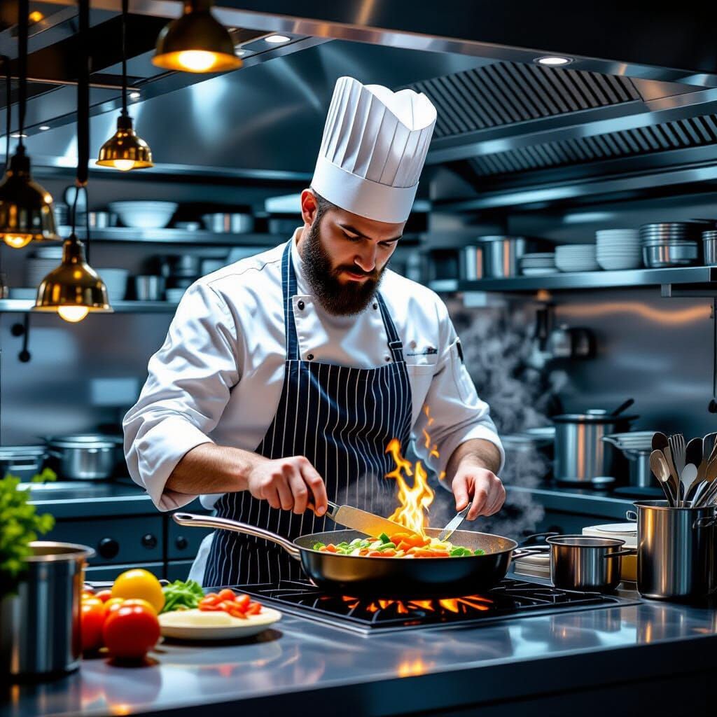Chef in Kitchen, Vibrant Art Style
