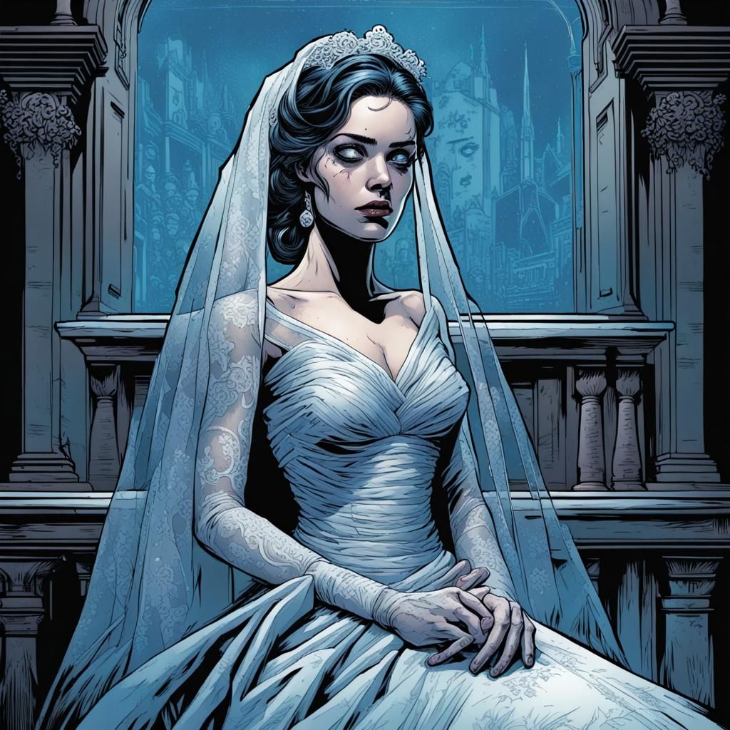 Sad Blue Bride in Comic Book Art Style