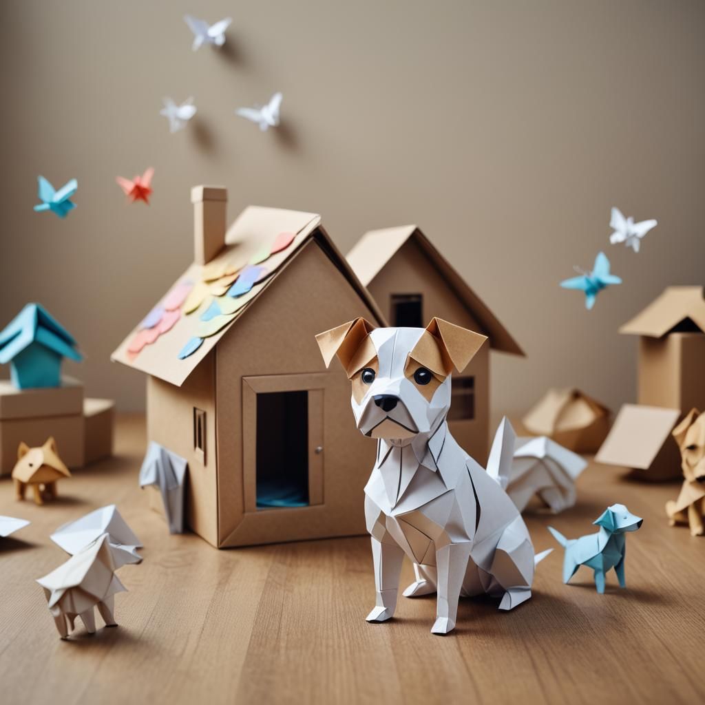 Origami Dog in House Papercraft