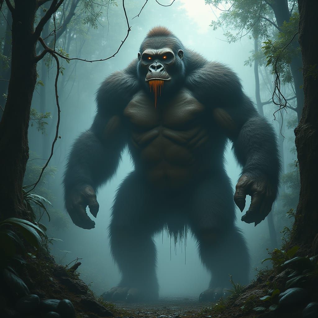 Hyper-Realistic Gorilla-T-Rex Hybrid in Jungle Ambiance