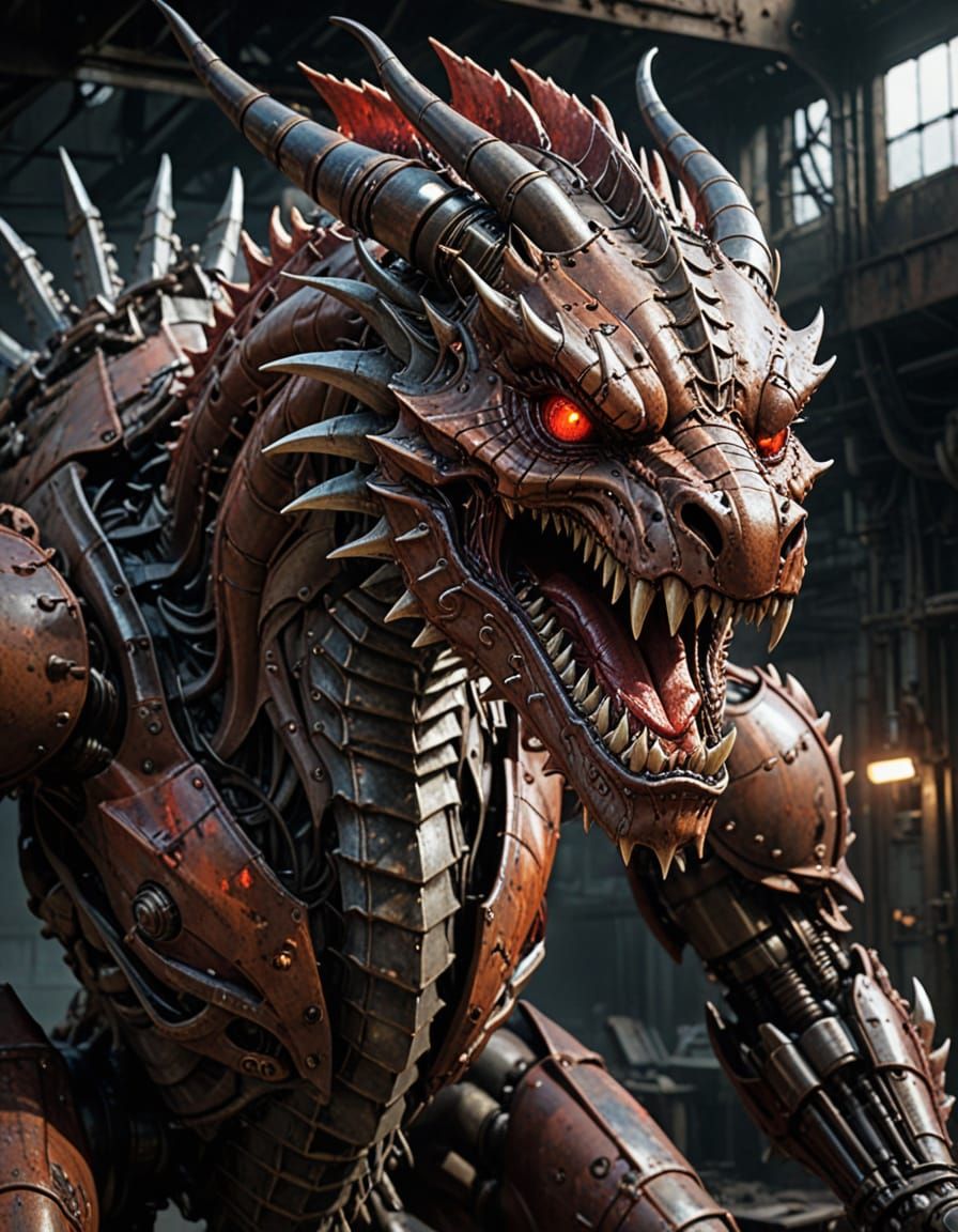 Rusty Mechanical Dragon in Dystopian Decay