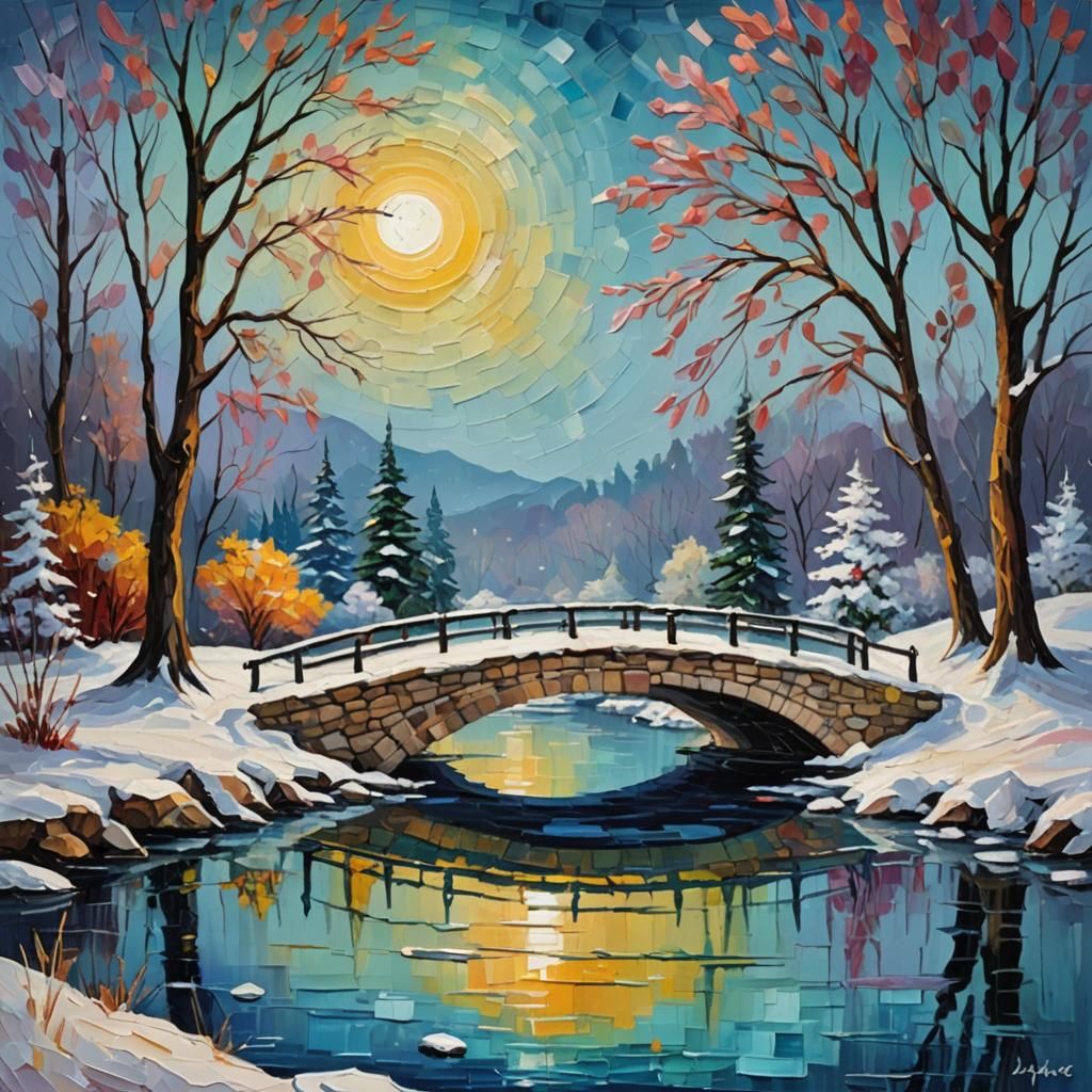 Winter Moon Lake Bridge in Expressionist Oil Painting
