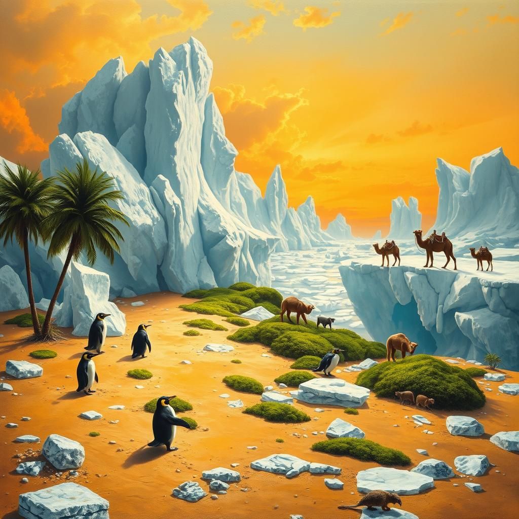 Surreal Arctic Landscape with Palm Trees Painting