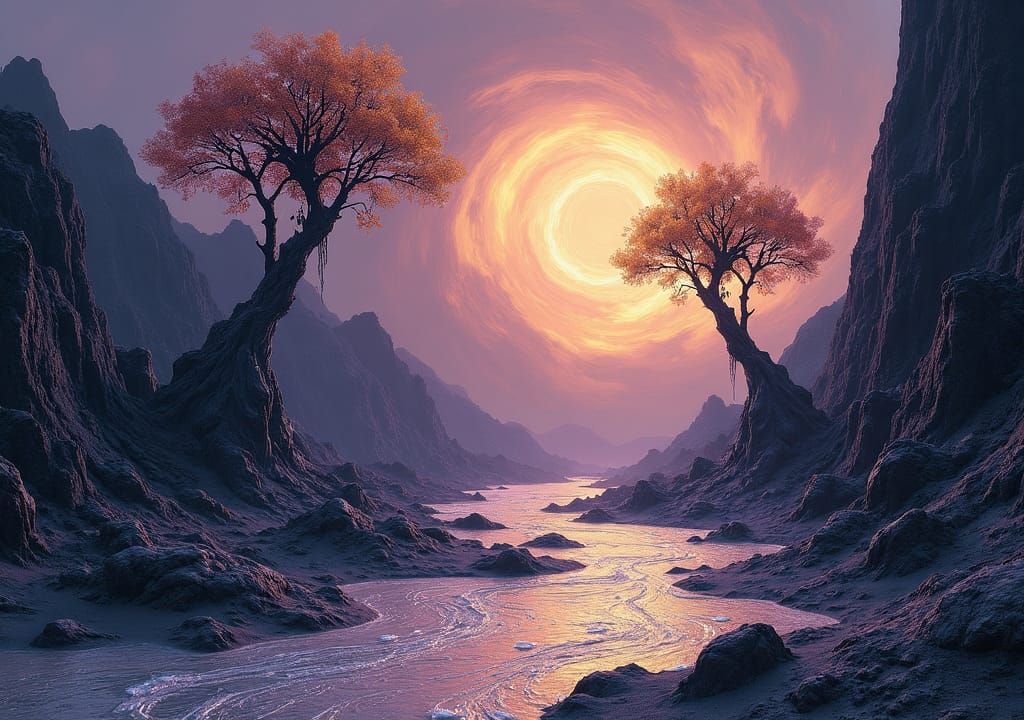 Jagged obsidian mountains pierced a sky of swirling lavender and gold. Rivers of molten silver flowed through valleys wh...